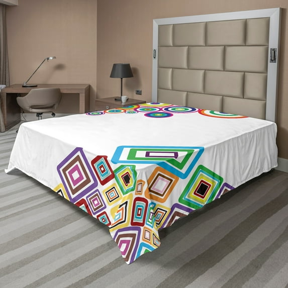 Ambesonne Abstract Flat Sheet, Colored Rectangle Form, Full Size, Multicolor