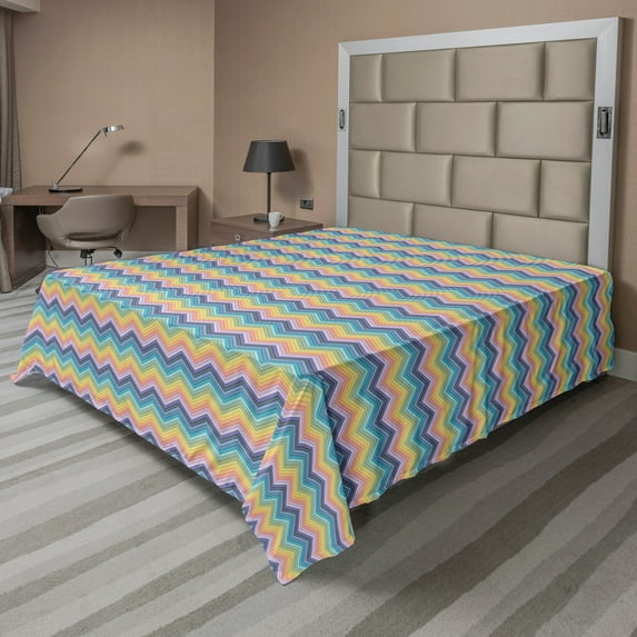 Ambesonne Abstract Flat Sheet, Colorful Chevron Layout, California King, Multicolor