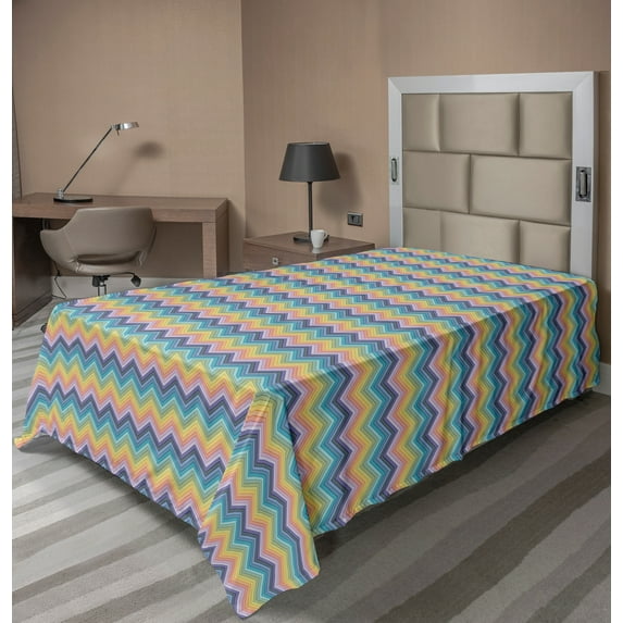 Ambesonne Abstract Flat Sheet, Colorful Chevron Layout, TwinXL Size, Multicolor