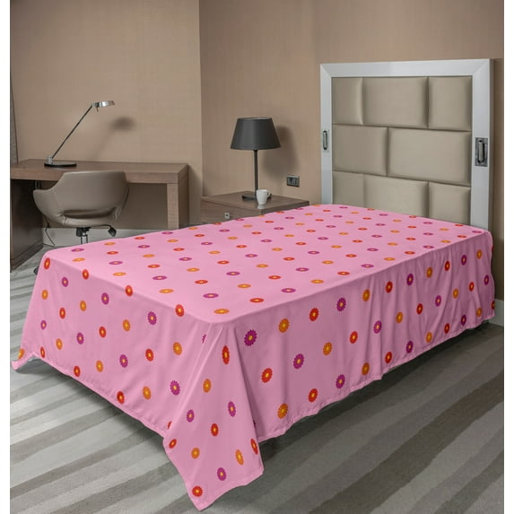 Ambesonne Abstract Flat Sheet, Colorful Flower Motifs, TwinXL Size, Pink Multicolor