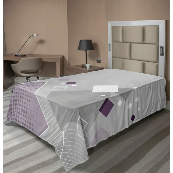 Ambesonne Abstract Flat Sheet, Colorful Squares Dots, TwinXL Size, Purple White Grey