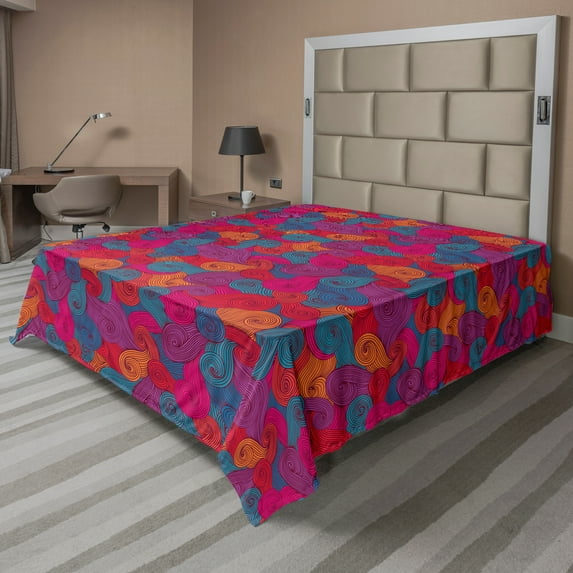 Ambesonne Abstract Flat Sheet, Colorful Swirls Curls, Queen Size, Multicolor