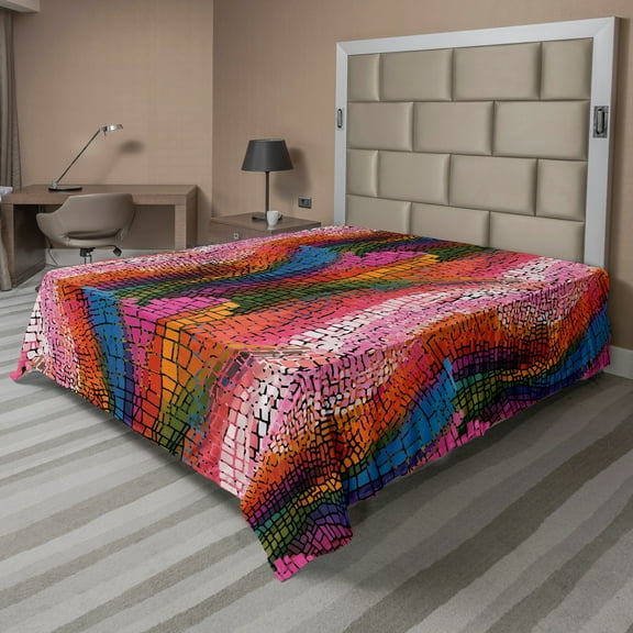Ambesonne Abstract Flat Sheet, Colorful Wavy Mosaic, Queen Size, Multicolor