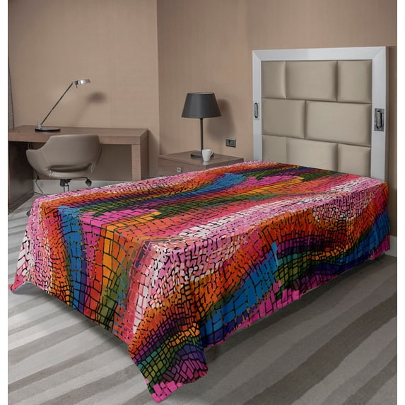 Ambesonne Abstract Flat Sheet, Colorful Wavy Mosaic, TwinXL Size, Multicolor