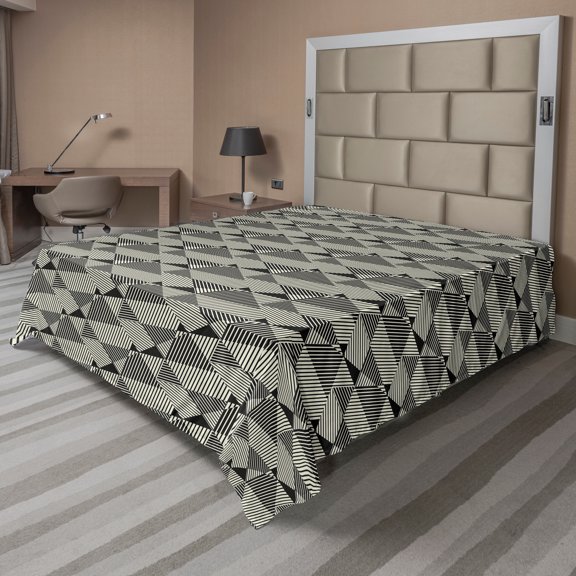 Ambesonne Abstract Flat Sheet, Complex Stripes Polygons, California King, Dark Taupe Grey and Ivory
