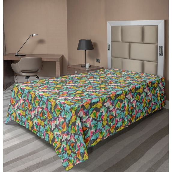 Ambesonne Abstract Flat Sheet, Complex Vivid Triangles, Twin Size, Multicolor