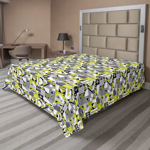 Ambesonne Abstract Flat Sheet, Contemporary Mosaic, Full Size, Yellow Green
