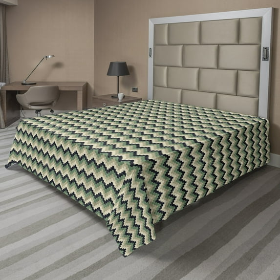 Ambesonne Abstract Flat Sheet, Continuing Wavy Zigzags, Full Size, Eggshell Laurel Green