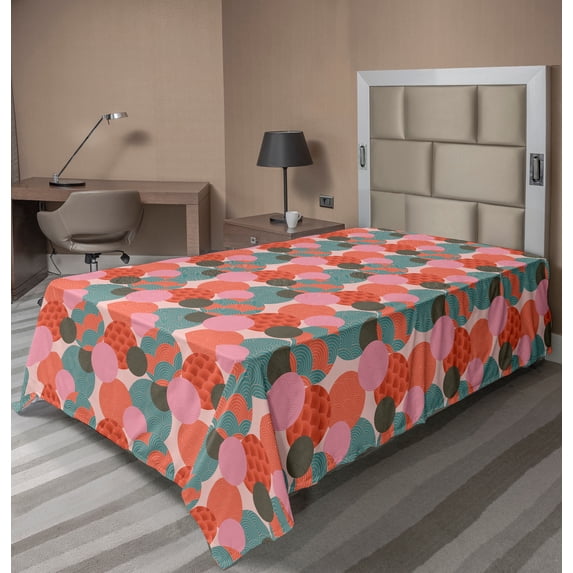 Ambesonne Abstract Flat Sheet, Coral Tone Stripes Circles, TwinXL Size, Multicolor