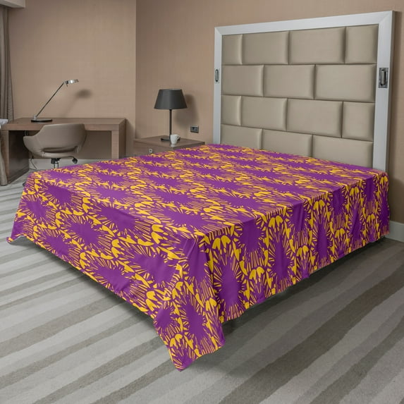 Ambesonne Abstract Flat Sheet, Creative Bicolour Circles, Queen Size, Violet Earth Yellow