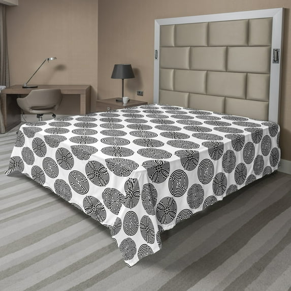 Ambesonne Abstract Flat Sheet, Creative Maze Motif Rounds, Full Size, Charcoal Grey and White