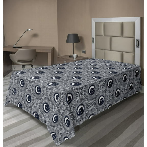 Ambesonne Abstract Flat Sheet, Crescent Moon Star Leaves, Twin Size, Dark Violet Blue White
