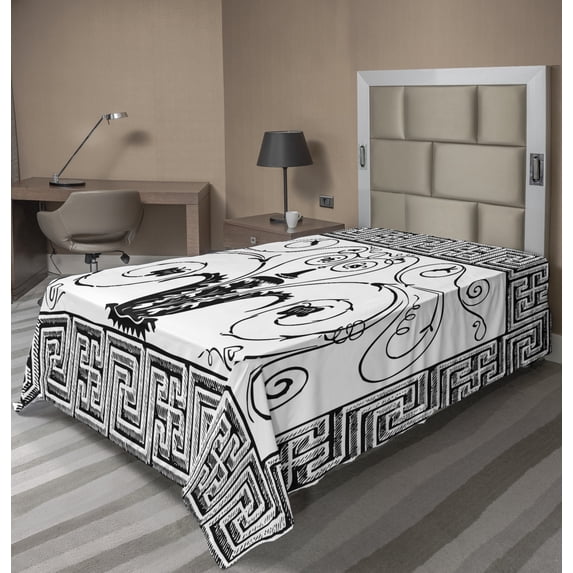 Ambesonne Abstract Flat Sheet, Curlicue Swirls Design, TwinXL Size, Charcoal Grey and White