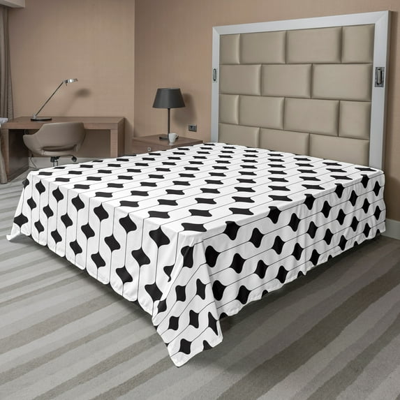 Ambesonne Abstract Flat Sheet, Curve Shape Vertical Lines, Queen Size, White and Black