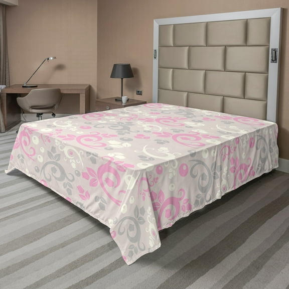 Ambesonne Abstract Flat Sheet, Curvy Twigs with Blossoms, Queen Size, Pale Tan Pale Pink