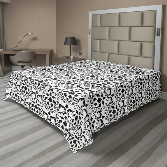 Ambesonne Abstract Flat Sheet, Damask Motifs Ivy Botany, California King, White Charcoal Grey