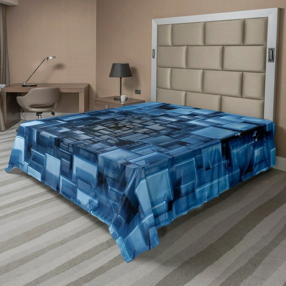 Ambesonne Abstract Flat Sheet, Digital Geometric Cubes, Full Size, Blue