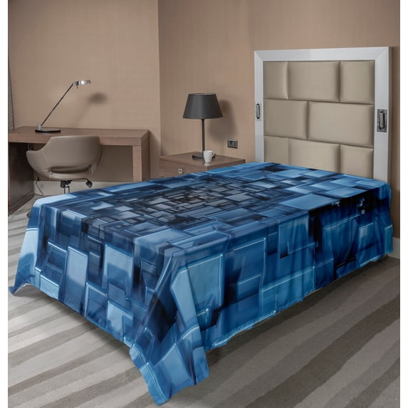 Ambesonne Abstract Flat Sheet, Digital Geometric Cubes, Twin Size, Blue