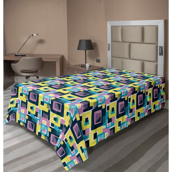 Ambesonne Abstract Flat Sheet, Digital Geometric Shapes, TwinXL Size, Multicolor