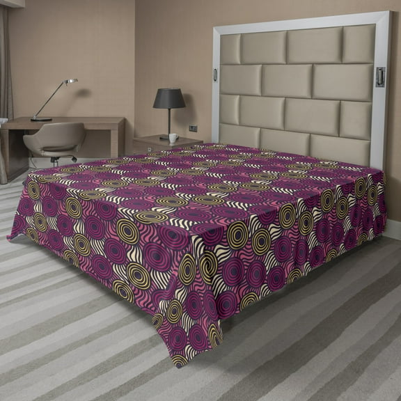 Ambesonne Abstract Flat Sheet, Doodle Circles and Waves, California King, Multicolor