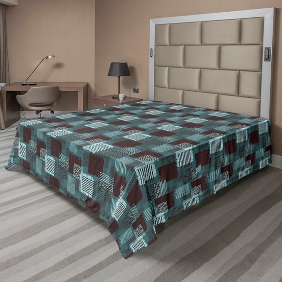 Ambesonne Abstract Flat Sheet, Dot Stripes Grunge Squares, Full Size, Cadet Blue Dark Mauve