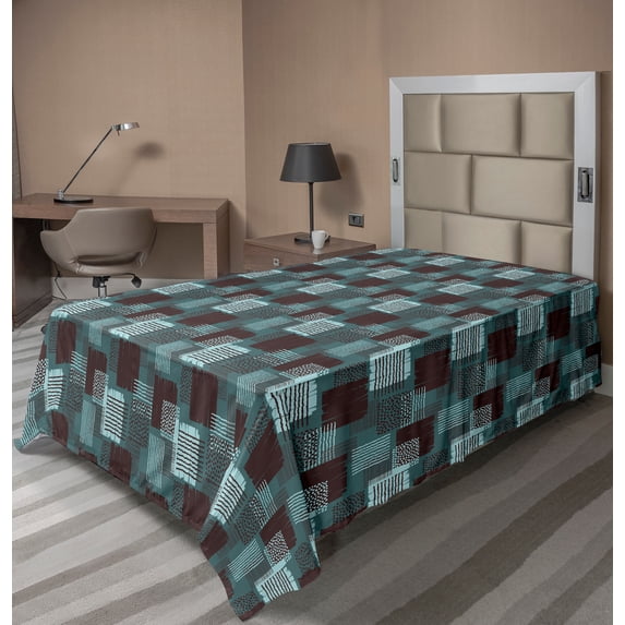 Ambesonne Abstract Flat Sheet, Dot Stripes Grunge Squares, TwinXL Size, Cadet Blue Dark Mauve