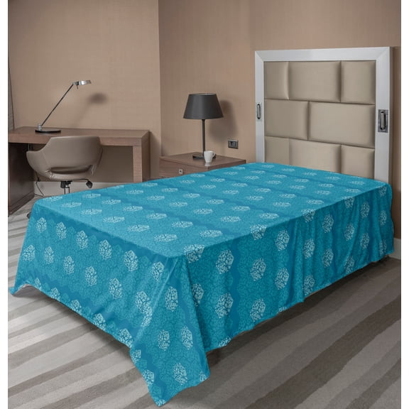 Ambesonne Abstract Flat Sheet, Drops in Blue Hexagons, Twin Size, Sea Blue Dark Seafoam