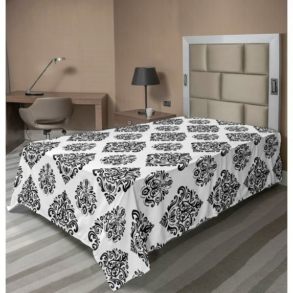 Ambesonne Abstract Flat Sheet, Eastern Damask Style Art, Twin Size, Black and White