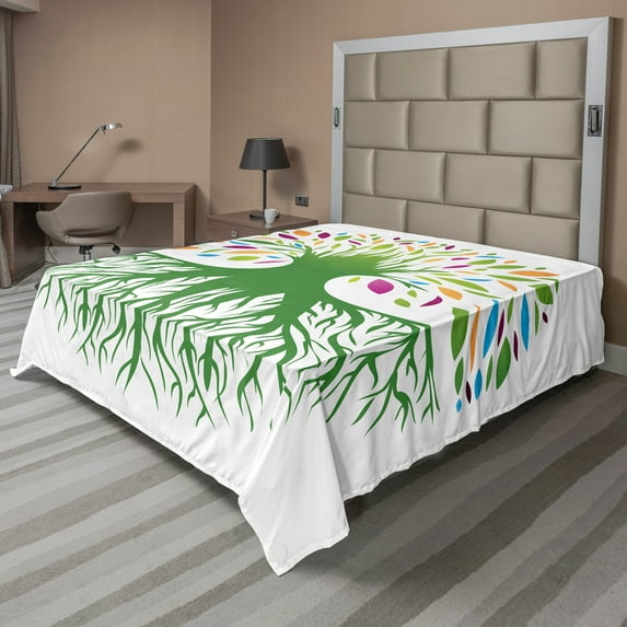 Ambesonne Abstract Flat Sheet, Eco Planet Plant Motif, Full Size, Multicolor