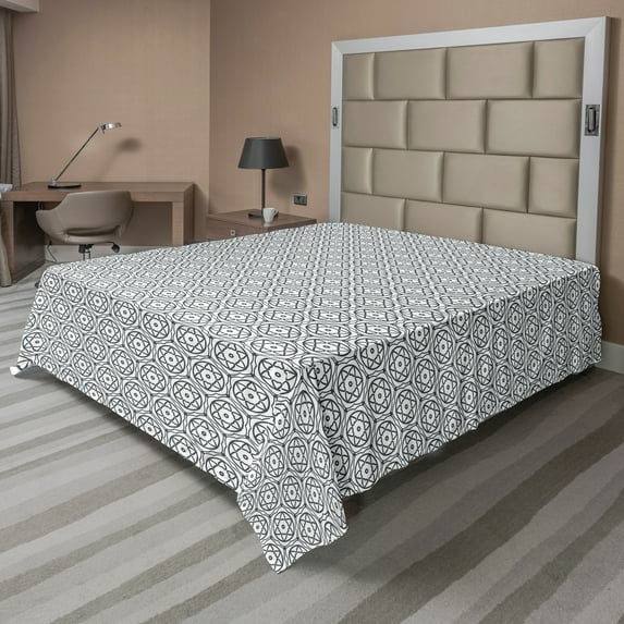 Ambesonne Abstract Flat Sheet, Floral Like Ornates Art, California King, White Dark Slate Blue