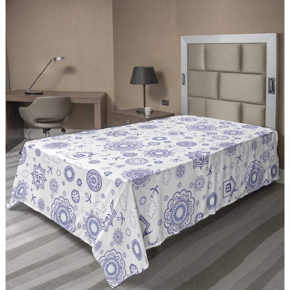 Ambesonne Abstract Flat Sheet, Floral Medallion Clouds, Twin Size, Dark Violet and White