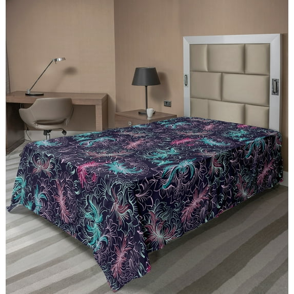 Ambesonne Abstract Flat Sheet, Floral Outline Drawings, TwinXL Size, Dark Purple Multicolor
