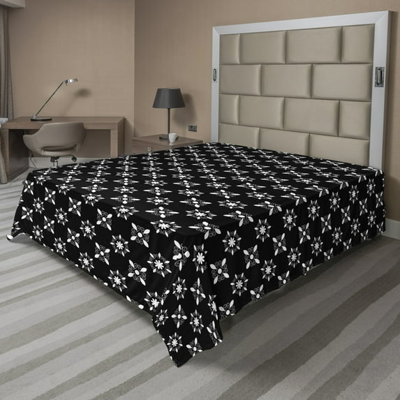 Ambesonne Abstract Flat Sheet, Flower Inspiration Graphic, King Size, Charcoal Grey and White