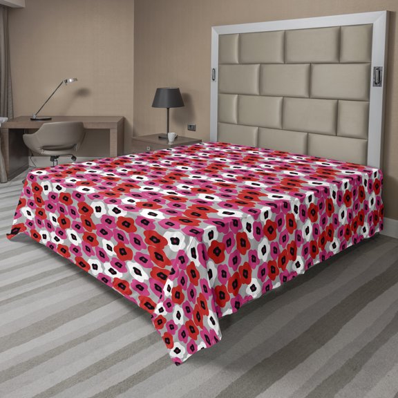 Ambesonne Abstract Flat Sheet, Flower Look Motif, King Size, Pale Taupe Hot Pink