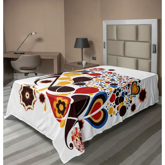 Ambesonne Abstract Flat Sheet, Flowers Hearts Notes, Twin Size, Multicolor