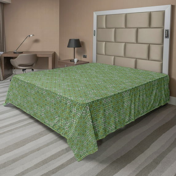 Ambesonne Abstract Flat Sheet, Flowery Ethnic Star Design, California King, Olive Green