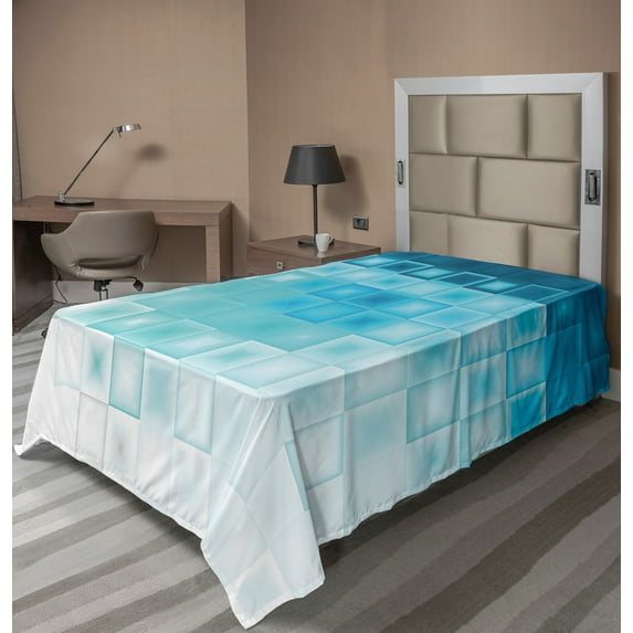 Ambesonne Abstract Flat Sheet, Fractal Square Shapes, Twin Size, Aqua Sky Blue