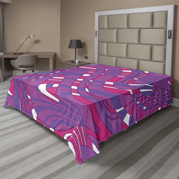 Ambesonne Abstract Flat Sheet, Funky Wavy Stripes Art, Queen Size, Hot Pink Violet and White