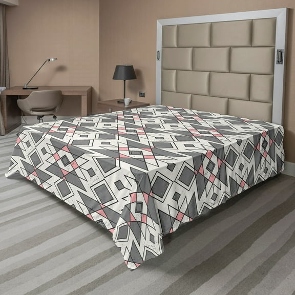 Ambesonne Abstract Flat Sheet, Geometric Aztec Ethnic, King Size, Grey Pearl Pale Pink