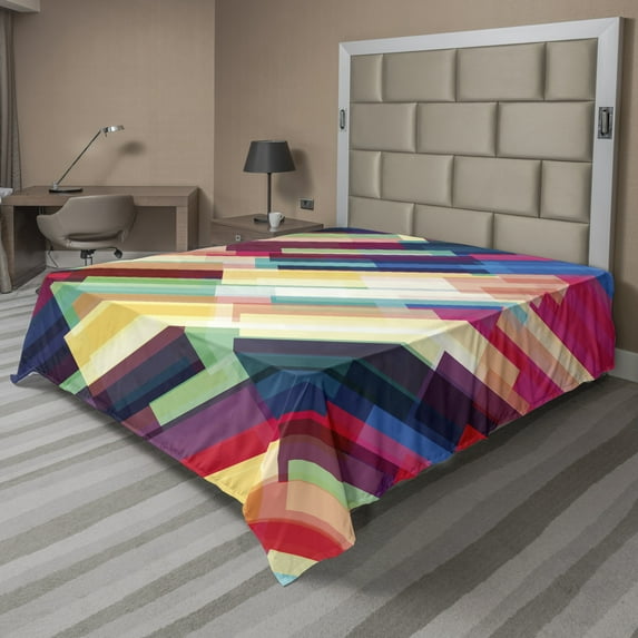 Ambesonne Abstract Flat Sheet, Geometric Color Lines, Full Size, Multicolor