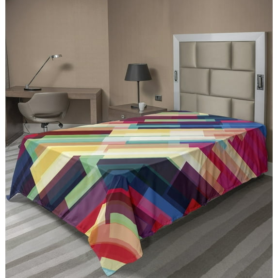 Ambesonne Abstract Flat Sheet, Geometric Color Lines, Twin Size, Multicolor