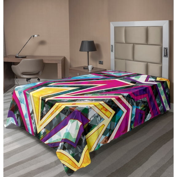 Ambesonne Abstract Flat Sheet, Geometric Diamond, Twin Size, Pink Yellow Green