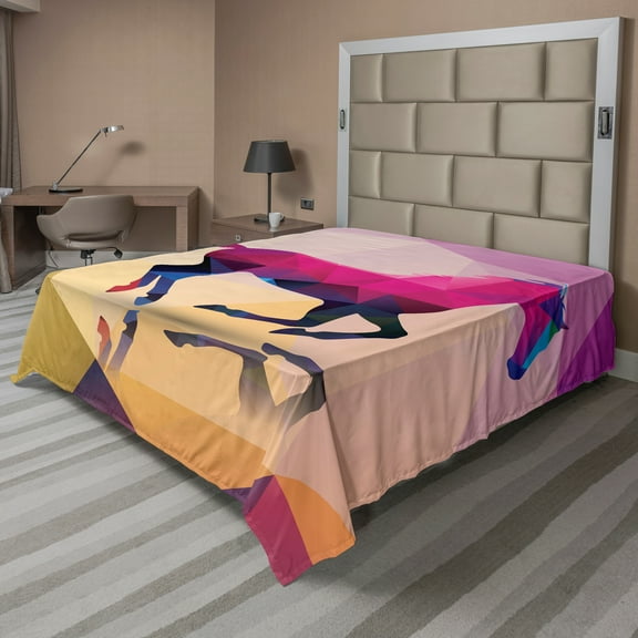 Ambesonne Abstract Flat Sheet, Geometric Horse Animal, King Size, Cream Pink Purple