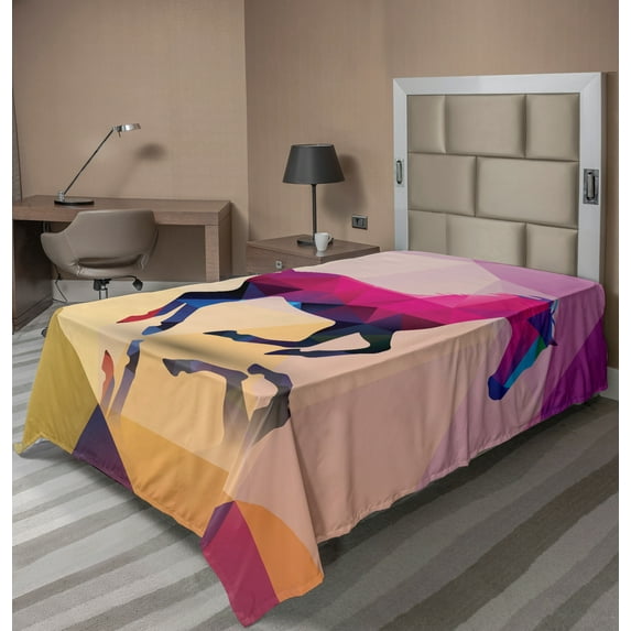 Ambesonne Abstract Flat Sheet, Geometric Horse Animal, TwinXL Size, Cream Pink Purple