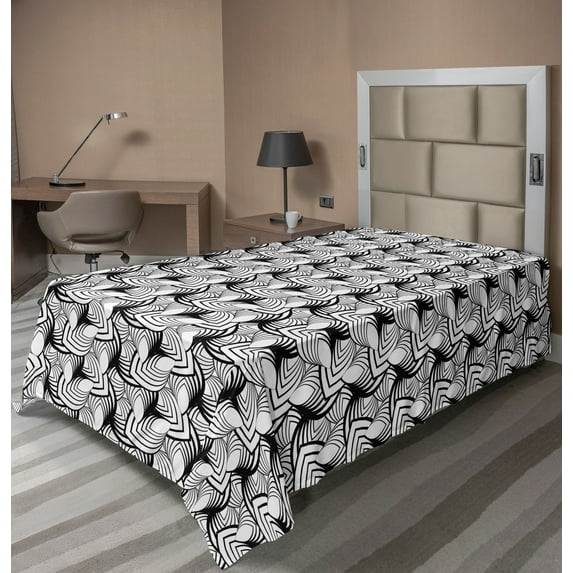 Ambesonne Abstract Flat Sheet, Geometric Motif Curving, Twin Size, Charcoal Grey White