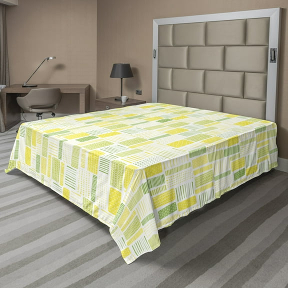 Ambesonne Abstract Flat Sheet, Geometry Pastel Soft Tone, King Size, White Yellow and Lime Green