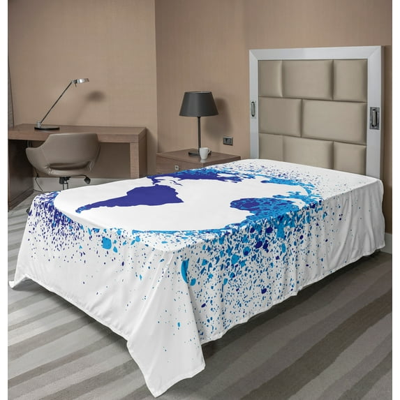 Ambesonne Abstract Flat Sheet, Globe Ink Effect Map, Twin Size, Blue White