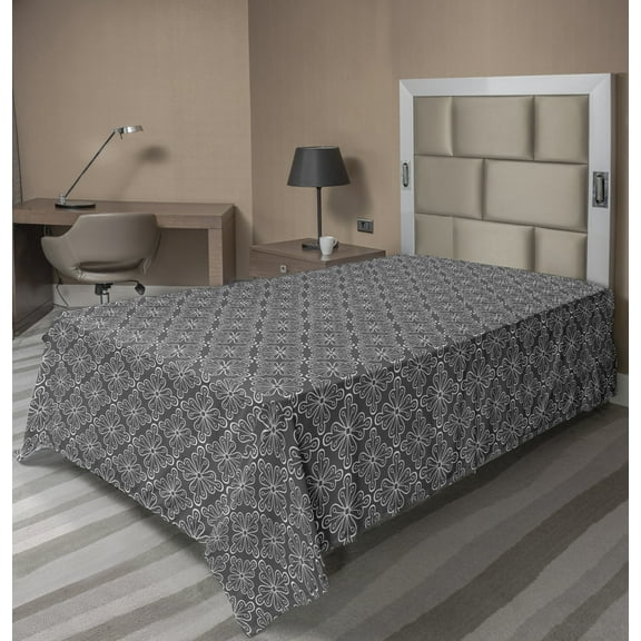 Ambesonne Abstract Flat Sheet, Greyscale Simple Floral, TwinXL Size, Grey and White