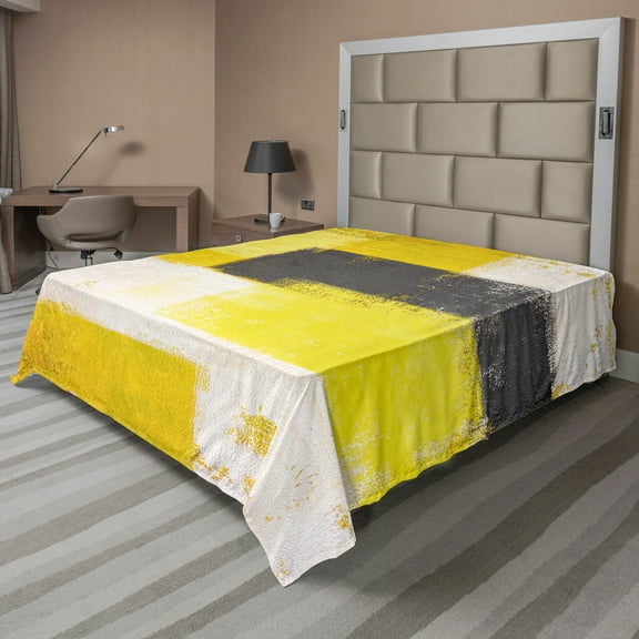 Ambesonne Abstract Flat Sheet, Grunge Brushstrokes, King Size, Grey Yellow