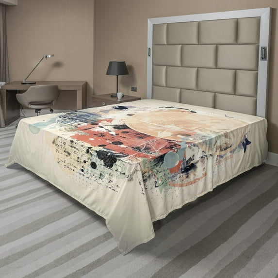 Ambesonne Abstract Flat Sheet, Grunge Mix Collage Print, King Size, Coral Beige and Aqua
